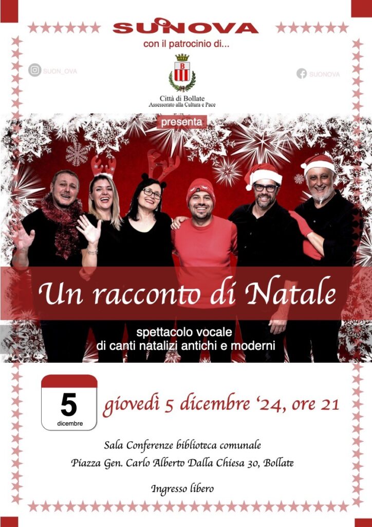 Locandina dello spettacolo "Un racconto di Natale" dei Suonova a Bollate il 5 dicembre 2024.