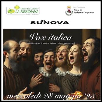 Locandina di Vox Italica dei Suonova, prima assoluta al teatro Tilane di Paderno Dugnano il 28 maggio 2025
