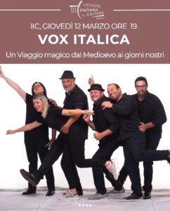 Locandina dell'evento dell'Istituto Italiano di Cultura di Bruxelles dove si esibiscono i Suonova il 12 marzo 2026 con il loro spettacolo Vox Italica.
